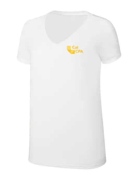Womens Simply Soft V-Neck White 4.5oz  Poly/Combed Ring Spun Cotton T-Shirt w/CalCPA Logo