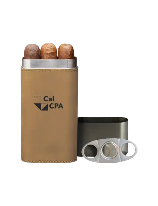 Tan Leatherette Cigar Case with Cutter w/CalCPA Logo