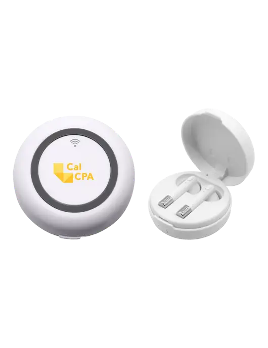Harmony White Wireless Earbuds and Charging Pad w/CalCPA Logo