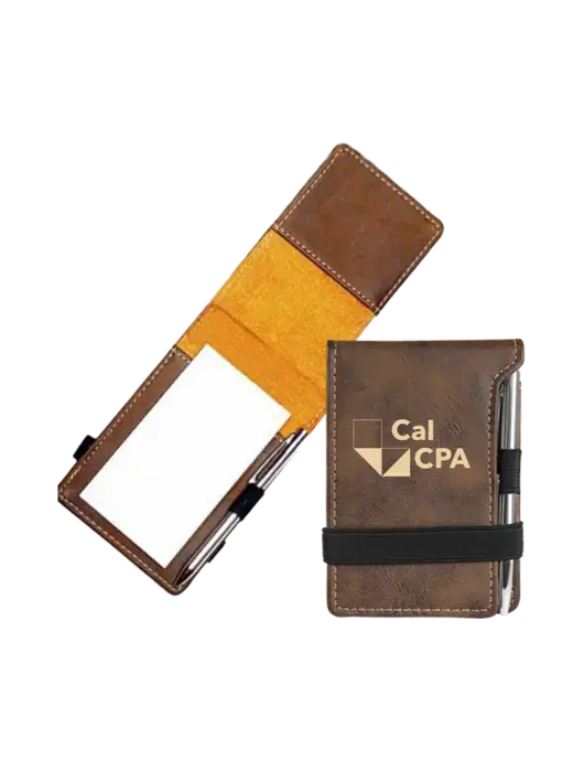 Rustic Leatherette Mini Notepad w/Pen, 3.25 x 4.75 w/CalCPA Logo