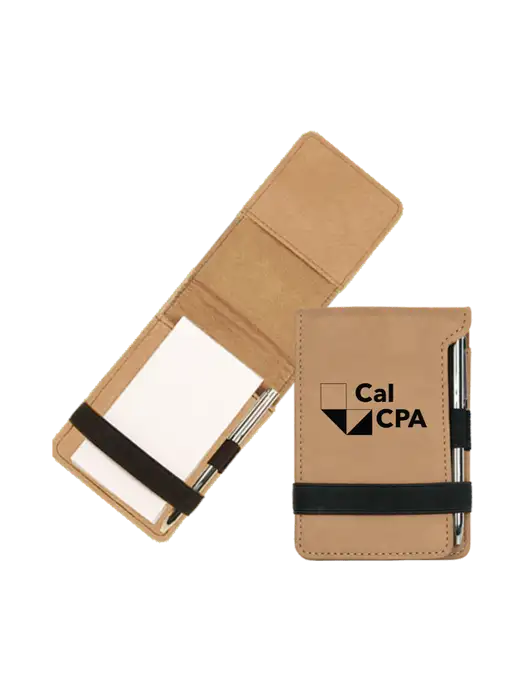Tan Leatherette Mini Notepad with Pen,  3.25 x 4.75 w/CalCPA Logo