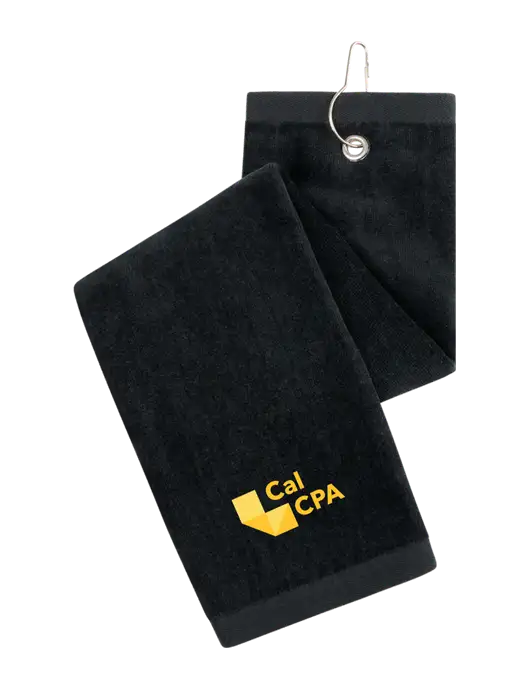 Black Tri-Fold Golf Towel with Grommet w/CalCPA Logo