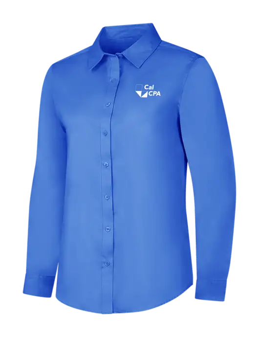 Dark Carolina Blue Womens Long Sleeve Superpro React Twill Shirt w/CalCPA Logo